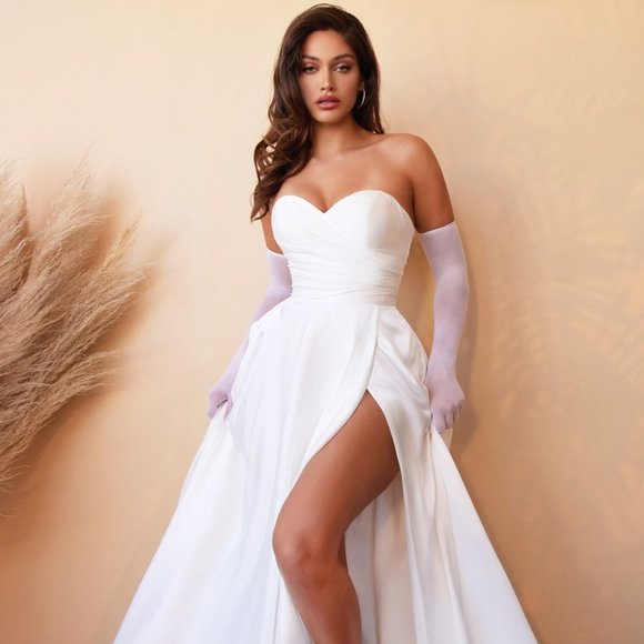 NEW LONG SEMI OPEN BACK STRAPLESS SATIN WEDDING WHITE BRIDAL BALL GOWN CD0166W